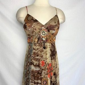 SUE WONG Size 12 Silk Beaded Tribal Print Padded Bodice Spaghetti Strap Dress 12
